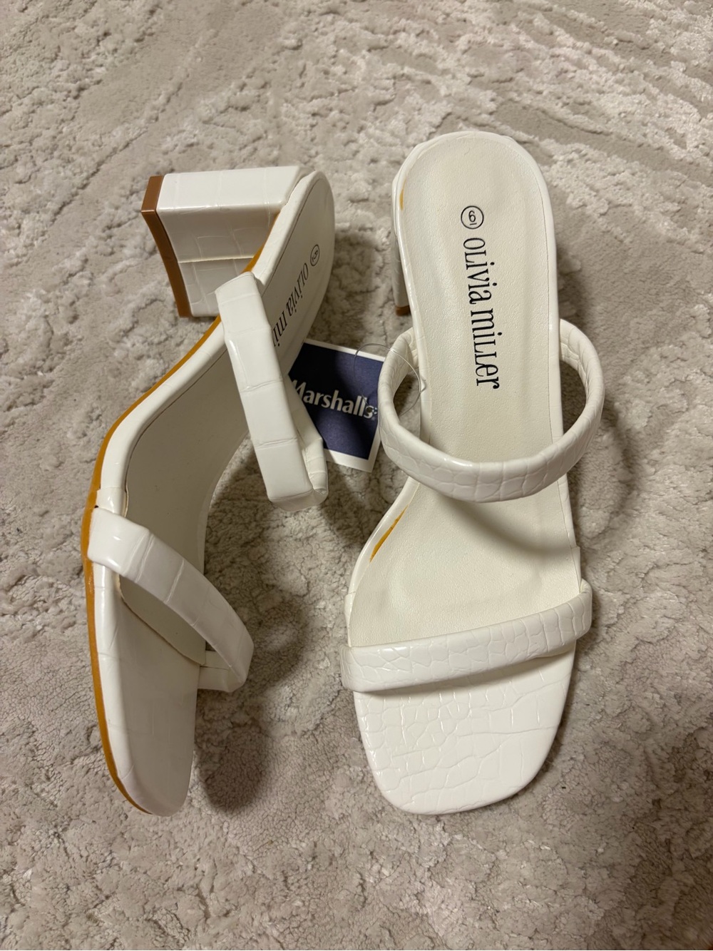 Olivia Miller White Croc-Embossed Mid Block Heel Sandals